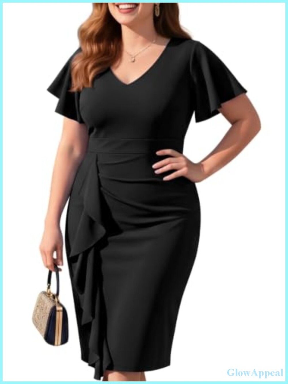 Plus Size Bodycon Knee Length Dress Ruffle Short Sleeve V-Neck